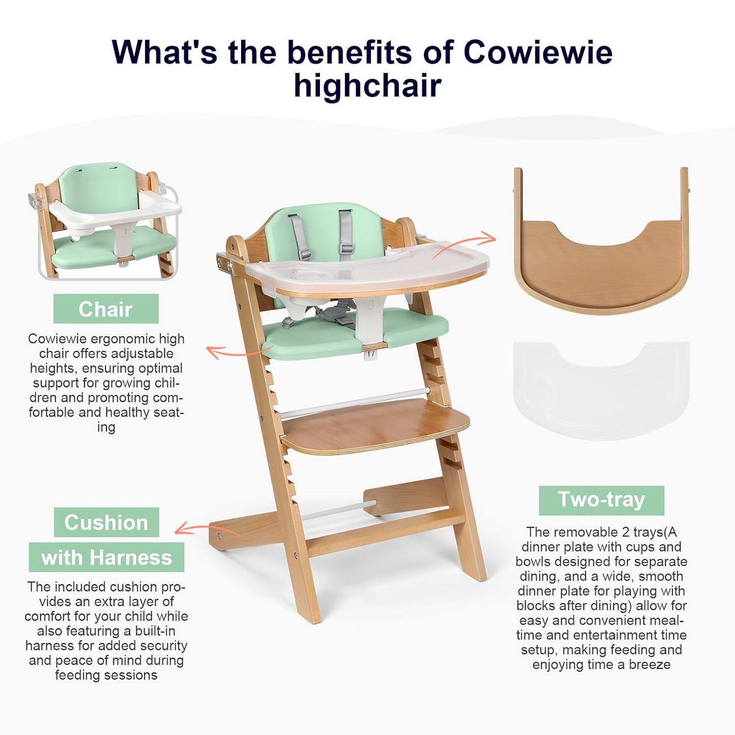 Cowiewie Natural Wooden High Chair for Babies & Toddlers 3-Tier Remove Adjustable Tray and Highchair with Cushions, Easy to Clean, Portable(Green)