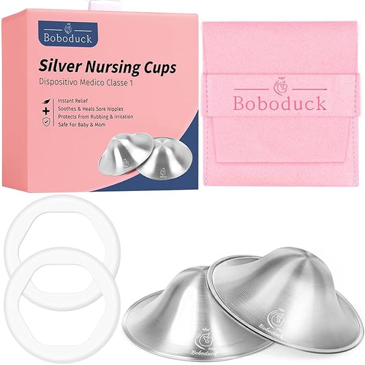 Boboduck The Original Silver Nursing Cups - 999 Silver Nipple Covers Breastfeeding - Protect and Soothe Sore Nipples - Breastfeeding Essentials Silver Nipple Guards with Soft Silicone Ring (X-Large)