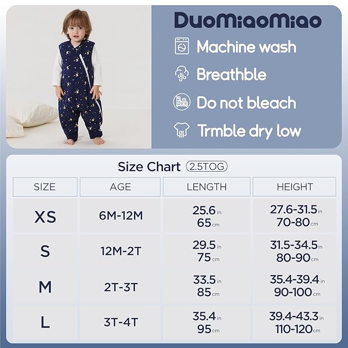 Duomiaomiao 2.5 TOG Toddler Sleep Sack 12-24 Months 100% Cotton Winter Side Open Zipper Baby Sleep Sack with Feet, Warm Toddler Wearable Blanket