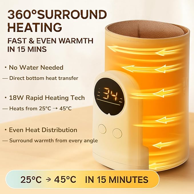 18W Portable Baby Bottle Warmer for Travel – Fast, Waterless Milk Heater for Breastmilk & Formula | USB Rechargeable Bottle Warmer with Precise Temperature Control – Essential for On-The-Go Feeding