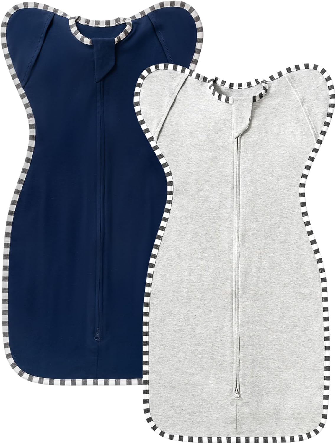 Transition Swaddle, 2 Pack 100% Cotton Baby Sleep Sack, 2-Way Zipper Infant Arm Up Swaddle for Newborn Baby Boys Girls (Light Grey + Estate Blue, M(3-6 Months))
