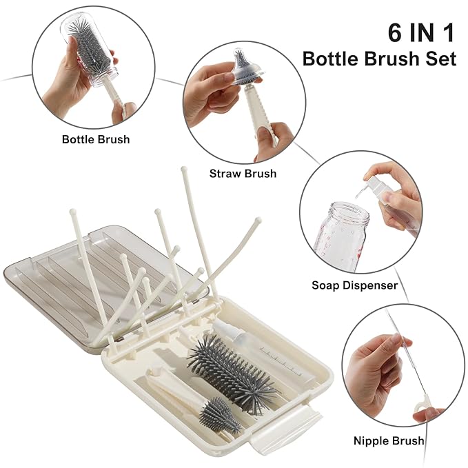 6 in 1 Baby Bottle Brush Set,Bottle Cleaner Brush Kit with Silicone Bottle Brush,Drying Rack,Nipple Brush,Straw Brush,Soap Dispenser&Storage Box,Portable Baby Essentials for Home&Travel (White)