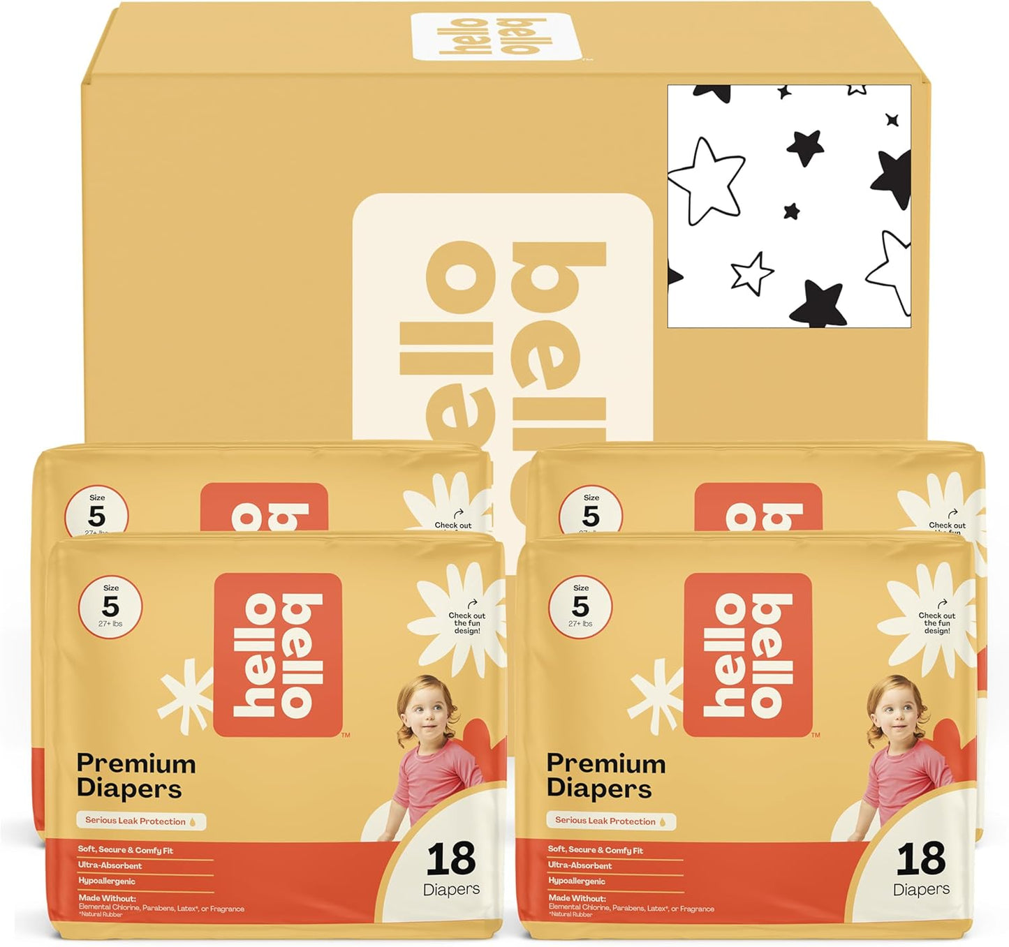 Hello Bello Diapers, Size 5 (27+ lbs) Superstars - 72 Count Value Pack of Premium Disposable Baby Diapers, Hypoallergenic with Soft, Cloth-Like Feel