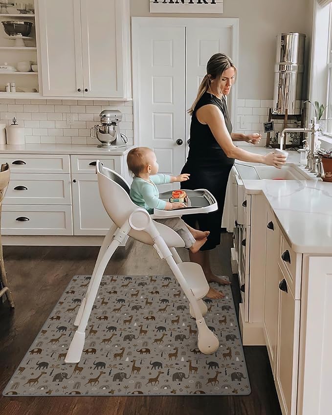 Blissful Diary Baby Splat Mat for Under High Chair, 50.4 x 50.4 Inch Wipeable Splash Mat, Waterproof and Washable, Anti-Slip Floor Protector, Elephant&Giraffe