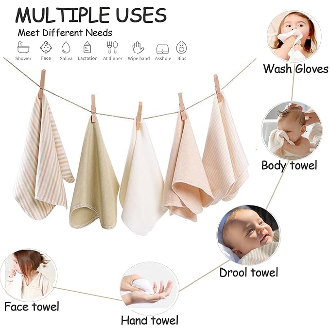 Organic Cotton Baby Washcloths - 10 Pack | Ultra-Soft Newborn Face Bath Towel - Reusable Baby Wipes for Delicate Skin Thin & Lightweight (Multicolor)