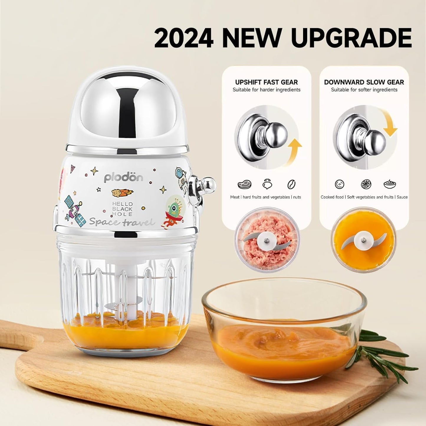 Baby Food Maker Mini Cute and Small Food Processor Puree Blender Grinder Chopper 1.2 Cup Glass Bowl with 6 Blade Electric (Spaceman-White)