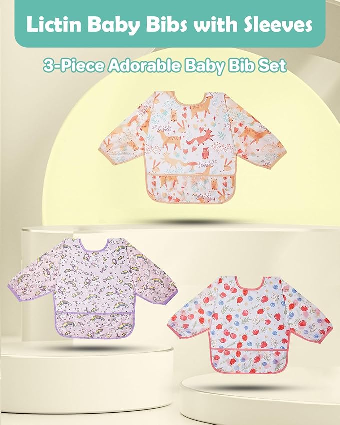 Lictin 3 Pack Baby Bibs for Boy or Girl, Cute Long Sleeve Bib, Waterproof Bibs for Toddlers,Adjustable Closure Baby Smock, Mess Proof Baby Bib, 6-24 Months Reusable Infant Baby Bibs