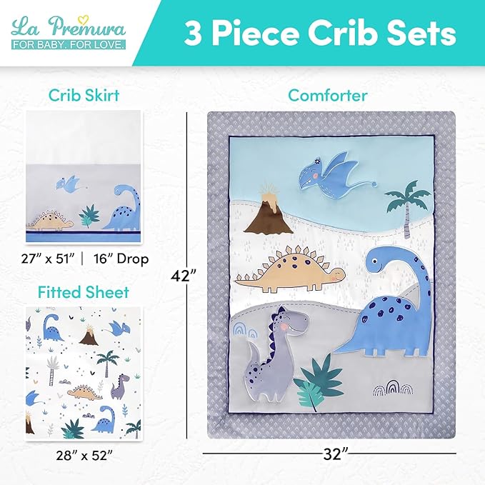 La Premura Baby Crib Bedding Set for Boys – Dinosaur 3 Piece Standard Size Nursery Crib Comforter Set, Grey/Blue - Unisex Baby Nursery Bedding and Neutral Decor