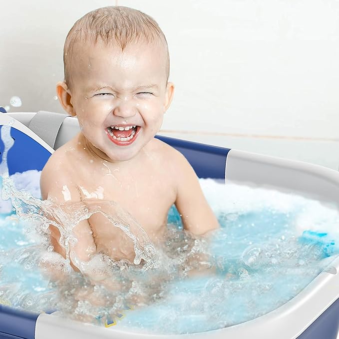 TPN Collapsible Baby Bathtub, Baby Bath Tub with Soft Cushion & Real-Time Thermometer, Baby Bathtub Infant to Toddler Tub (0-36 Months), Portable Travel Baby Tubs for Newborns (Navy Blue)