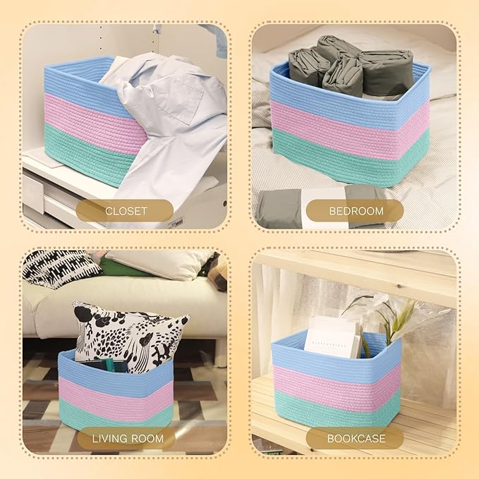 Hopegiver Storage Baskets for Organizing with Handle, Woven Baskets for Shelves - Durable Gift Basket for Cloth Toys Books Baby, Cotton Rope Basket for Dog Cat, 15x11x10 Inch(Blue&Pink&Green)