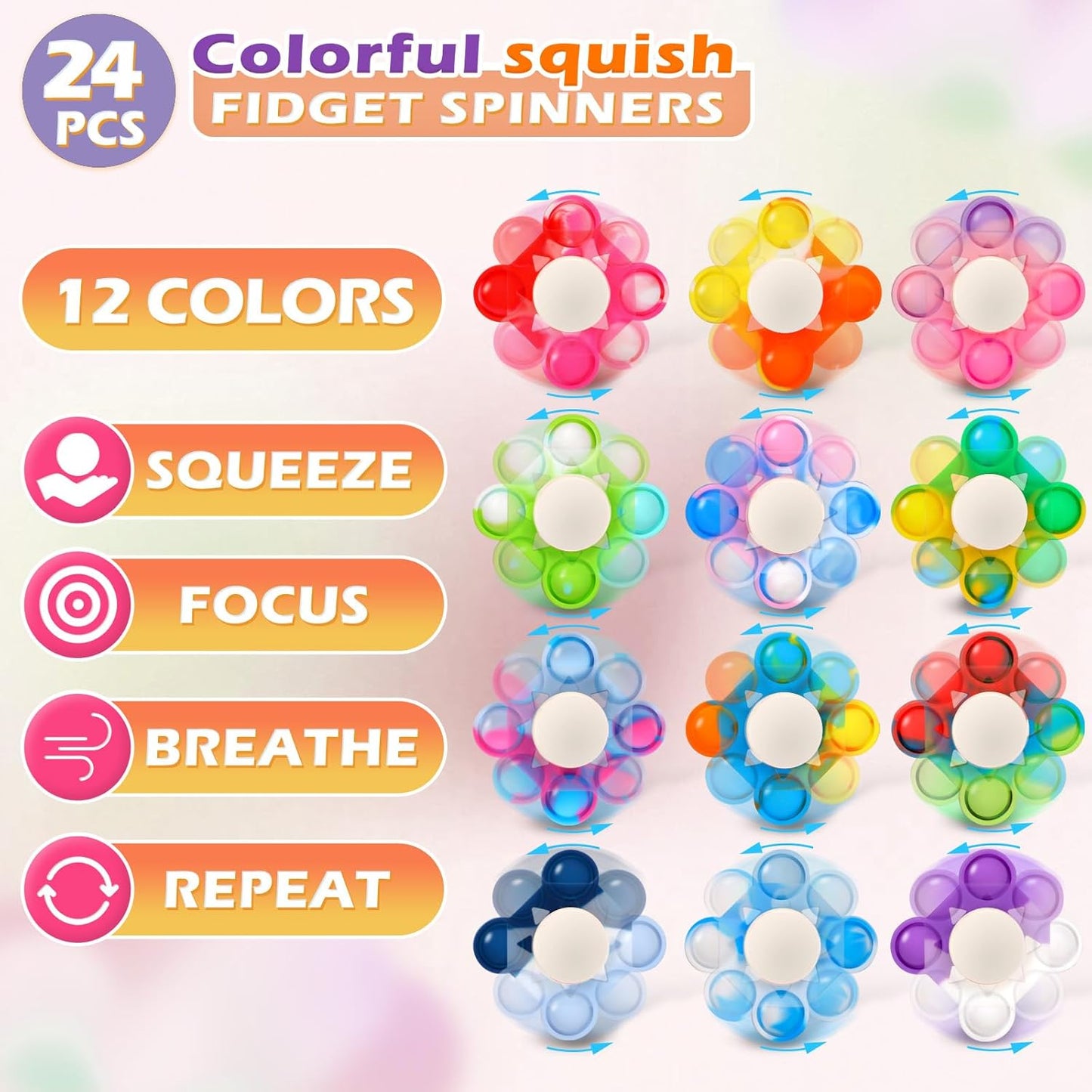 24 PCS Pop Fidget Spinners - Colorful Party Favors for Kids - Sensory Toys for Stress Relief and Anxiety - Classroom Prizes,Goodie Bag Stuffers,Birthday Gifts