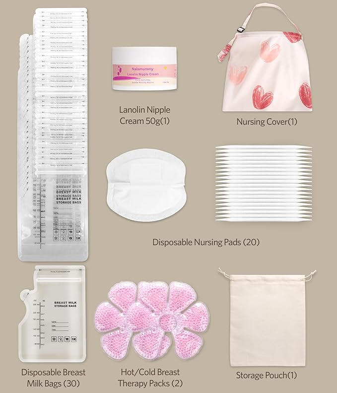 Breastfeeding Essentials Kit for Nursing Moms - Pads, Cover, Nipple Cream 50g, Breastmilk Storage Bag, Hot and Cold Breast Therapy Packs, 55 Piece Gift Set