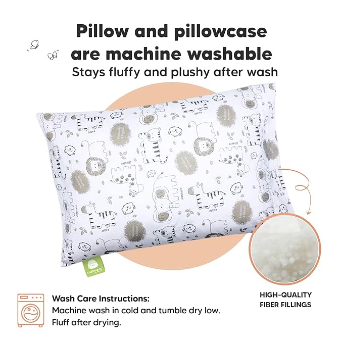Toddler Pillow with Pillowcase - 13x18 My Little Dreamy Kids Travel Bed Pillows for Sleeping, Organic Cotton Small Pillowcase, Soft & Breathable, Machine Washable, Toddlers 2-5 Years Old (KeaSafari)