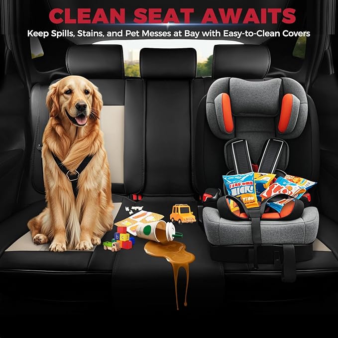 FREESOO Car Seat Covers Full Set, Leather Seat Covers for SUV, Beige Black Car Seat Covers Front Seats and Back, Waterproof Car Seat Cover, Carseat Seat Protectors, Auto Cushion Fit for Most Cars