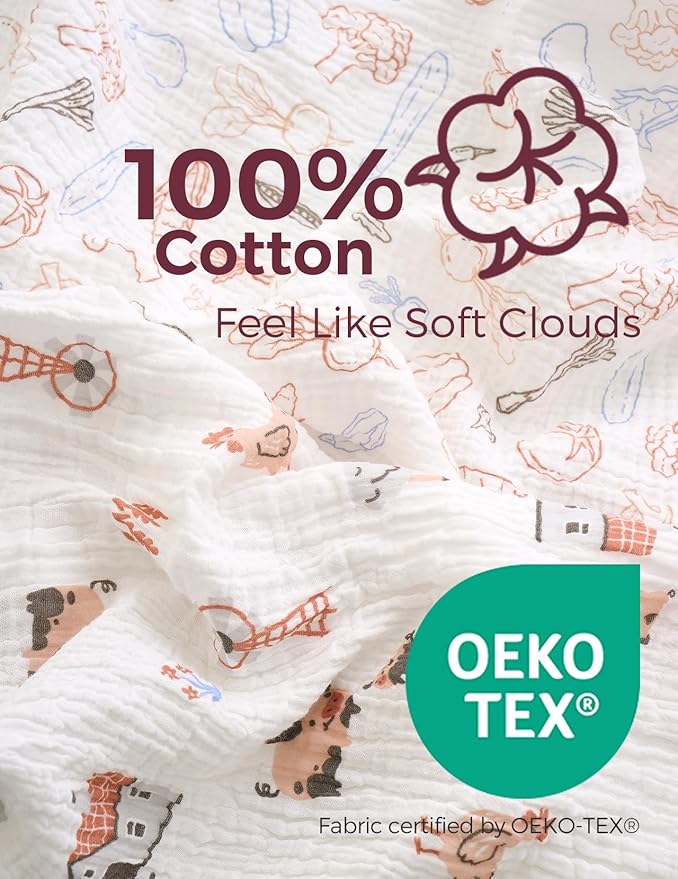 Momcozy Muslin Mini Crib Sheets Fitted - 38''x26'' Pack and Play Sheets for Pack N Play Mattress, 2 Pack Soft & Breathable Natural Cotton Non Slip Bed Cover for Boys, Girls, Farming Joy