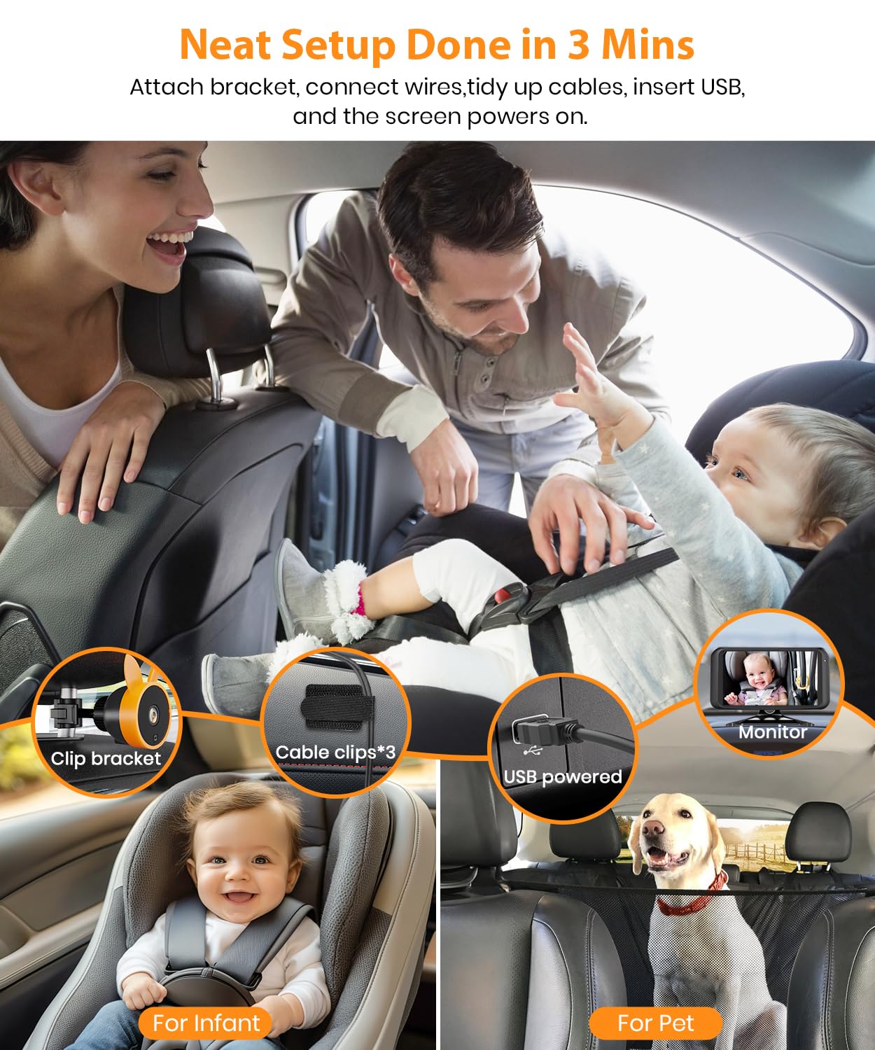 USB Baby Car Camera Plug-Play, 4.5" 1080P Easy Setup Backseat Camera with Flexible 360 Rotation, Clear Picture Rear Facing Car Seat Baby Monitor