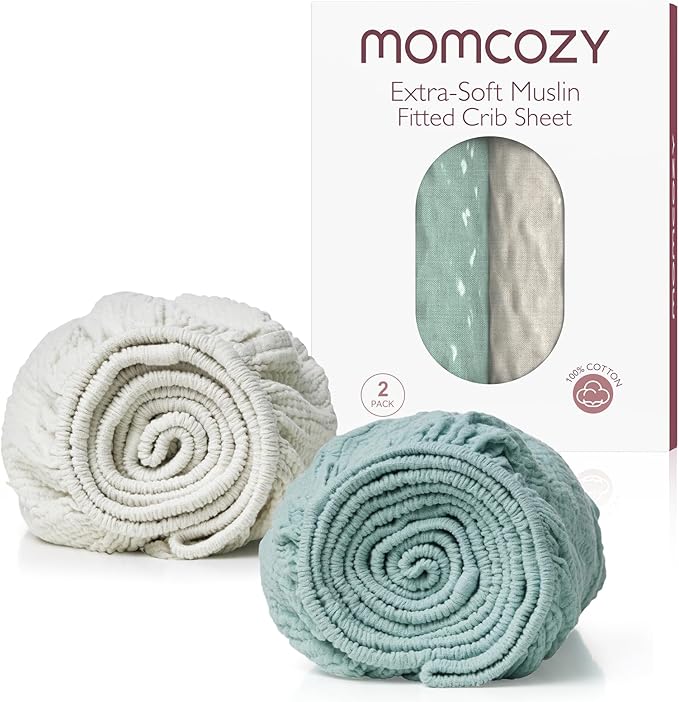 Momcozy Muslin Standard Fitted Crib Sheets, 52"x28", 2 Pack Soft Breathable Natural Cotton Baby Mattress Sheet, 360° Mattress Wrapping No Slip Boys Girls Neutral Toddler Bed Sheet, Green Grey