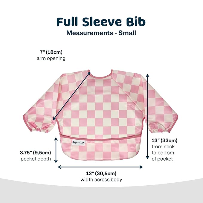 Tiny Twinkle Long Sleeve Bib for Babies & Toddlers – 2 Pack Waterproof Smock Bibs for Eating – Machine Washable & Mess-Proof, Baby Feeding Essential & Shower Must-Have (Pink,Beige Checkers, 6-24M)