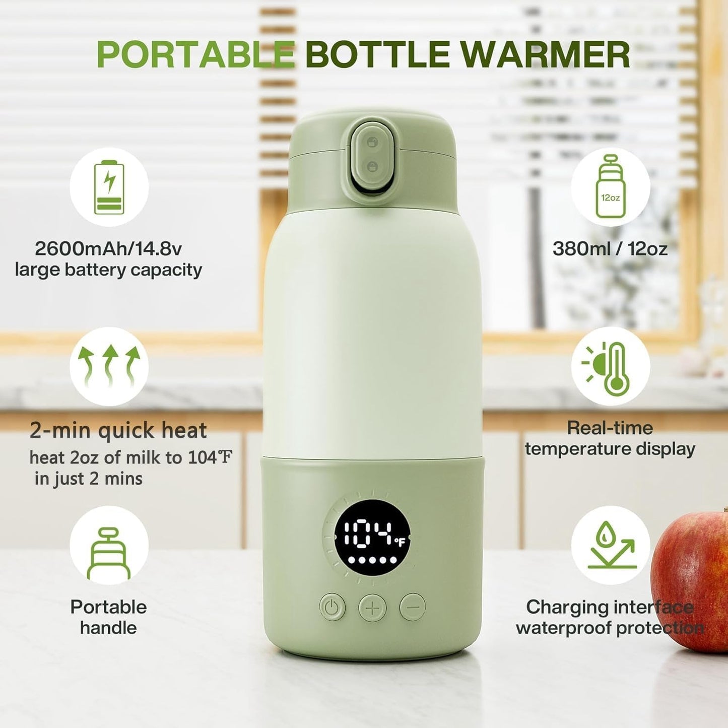 Portable Bottle Warmer for Travel,Formula Container to Go 12.8oz Baby Bottle Warmer with 2-Min Fast Heating,Milk Warmer for Baby Travel Essential with Long Time Keep Warm Function