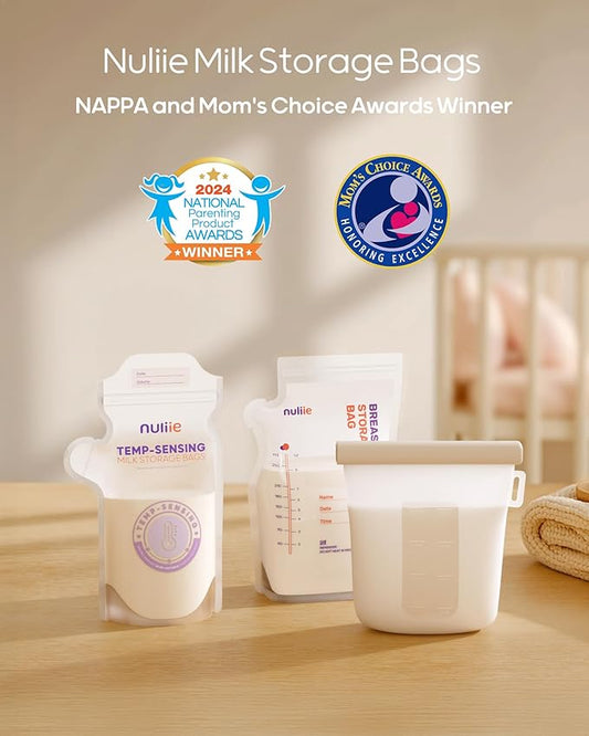 Nuliie 60pcs Temp-Sensing Breastmilk Storage Bag, Huge Temp-Sensing Icon & Locking Clamp, 6oz Breast Milk Storage Bags Freezer Pour Spout, Self Standing Milk Storage Bags Breastmilk, BPA-Free No-Leak