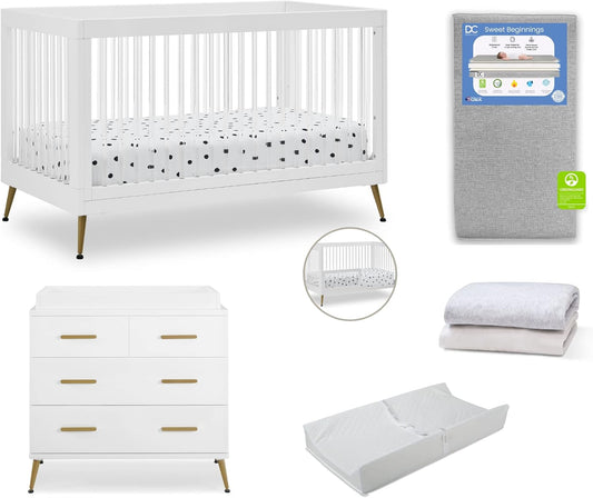 Delta Children Sloane Crib 7-Piece Baby Nursery Furniture Set–Includes: Convertible Crib, Dresser, Changing Top, Crib Mattress, Fitted Sheets, Toddler Guardrail & Changing Pad, White w/Melted Bronze