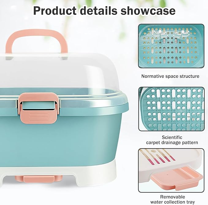 Baby Bottle Organizer for Storage, Baby Bottle Storage Large Capacity with Lid Cover Anti-Dust Protection and Cutlery Storage Drying Rack Portable Large Capacity Bottle Organizer(Green)