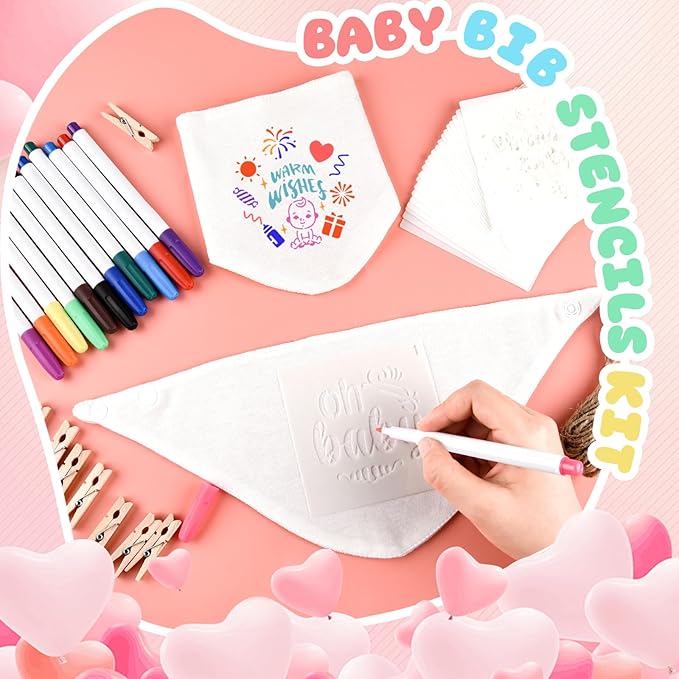 NACHLYNN 165 Pcs White Baby Bibs Baby Shower Games Set Including 36 Blank Baby Bibs 36 Stencils 80 Clothespins 12 Fabric Markers 1 Hemp Rope for Boys Girls Gender Reveal Party