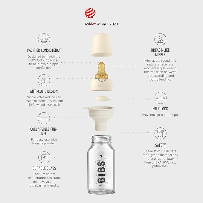 BIBS Baby Glass Bottle Complete Set 110 ml | BPA Free Natural Rubber | Made in Denmark | Blush