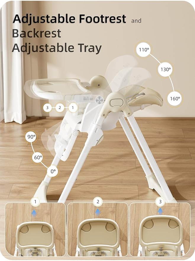 High Chair, Foldable High Chairs for Babies and Toddlers with Removable Tray, Height Adjustable Feeding Chair, Adjustable Backrest and Footrest, Beige