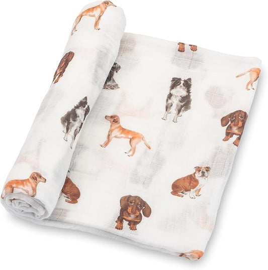 LollyBanks Swaddle Blanket, 100% Cotton Muslin Swaddle Blankets, Neutral Swaddle Blanket 47 x 47 Inches, Baby Blanket for Boys and Girls, Baby Essentials, Registry (Dogs Print)