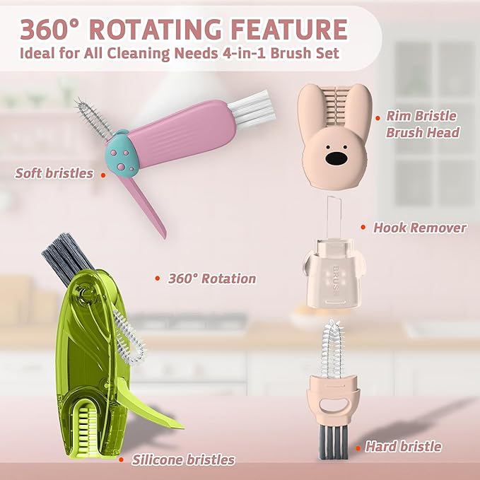 Cup Lid Cleaning Brush, Multifunctional Set with 3 in 1 Lid Cleaner and Two 4 in 1 Cup Lid Cleaning Brushes, Cleaning Brush Tool for Bottles, Straws, Tumblers, Travel Mug Caps, Portable Kit (Pink)