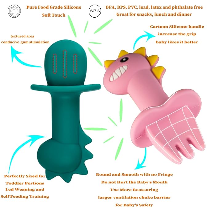 Silicone Toddler Dinosaur Feeding Placemat Set With Spoon and Forks, Baby Push Pop Bubble Suction Divided Plate Utensils, Kids Led Weaning Dish - Bubble Blue Dinosaur