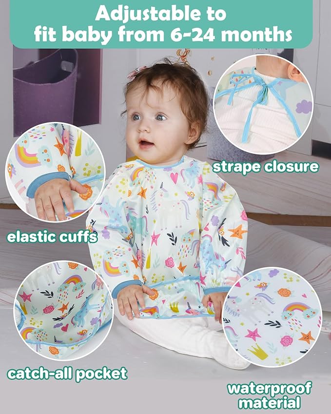 Lictin Long Sleeve Bibs 5 Pack - Baby Bibs, Waterproof Toddler Bibs, Baby Smock for Eating, Baby Bibs for Feeding Teething