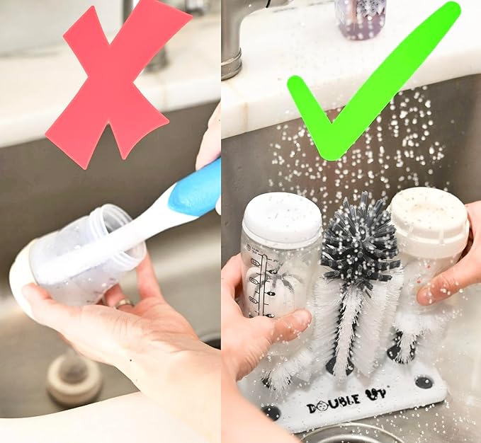 Double Baby Bottle Cleaning Brush Set with Suction Base - Cleans Two Bottles at Once - Includes Nipple Cleaner Brush - High Density Bristles, Dishwasher Safe - Baby Gift & Newborn Essential