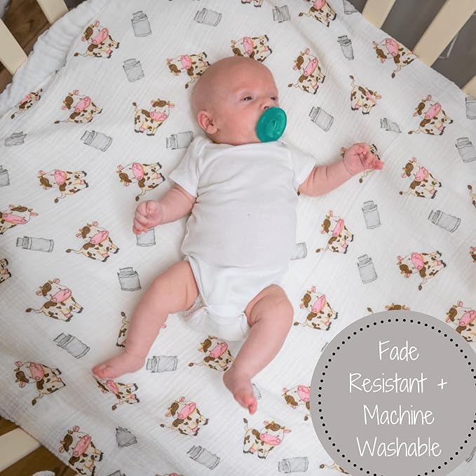 LollyBanks Baby Swaddle Blanket, 100% Muslin Cotton Muslin Blankets for Boys and Girls, Large 47 x 47 Inches Soft and Breathable Swaddles for Newborns, Gentle Baby Wrap Swaddle, Registry (Cow Print)