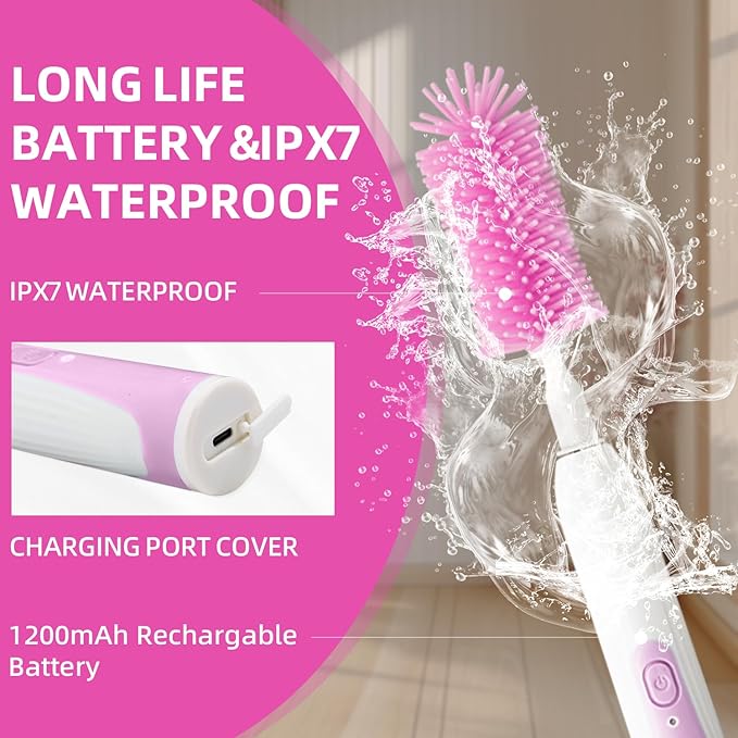 Electric Bottle Brush Set with Silicone Pacifier/Straw Brush and Mixing Head, Water Bottle Cleaner with Drying Rack, 2 Modes & 360 Rotation (Purple)