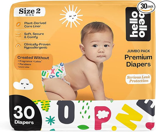 Hello Bello Premium Baby Diapers Size 2, 30 Count of Disposable, Extra-Absorbent, Hypoallergenic Baby Diapers with Snug and Comfort Fit, Alphabet Soup