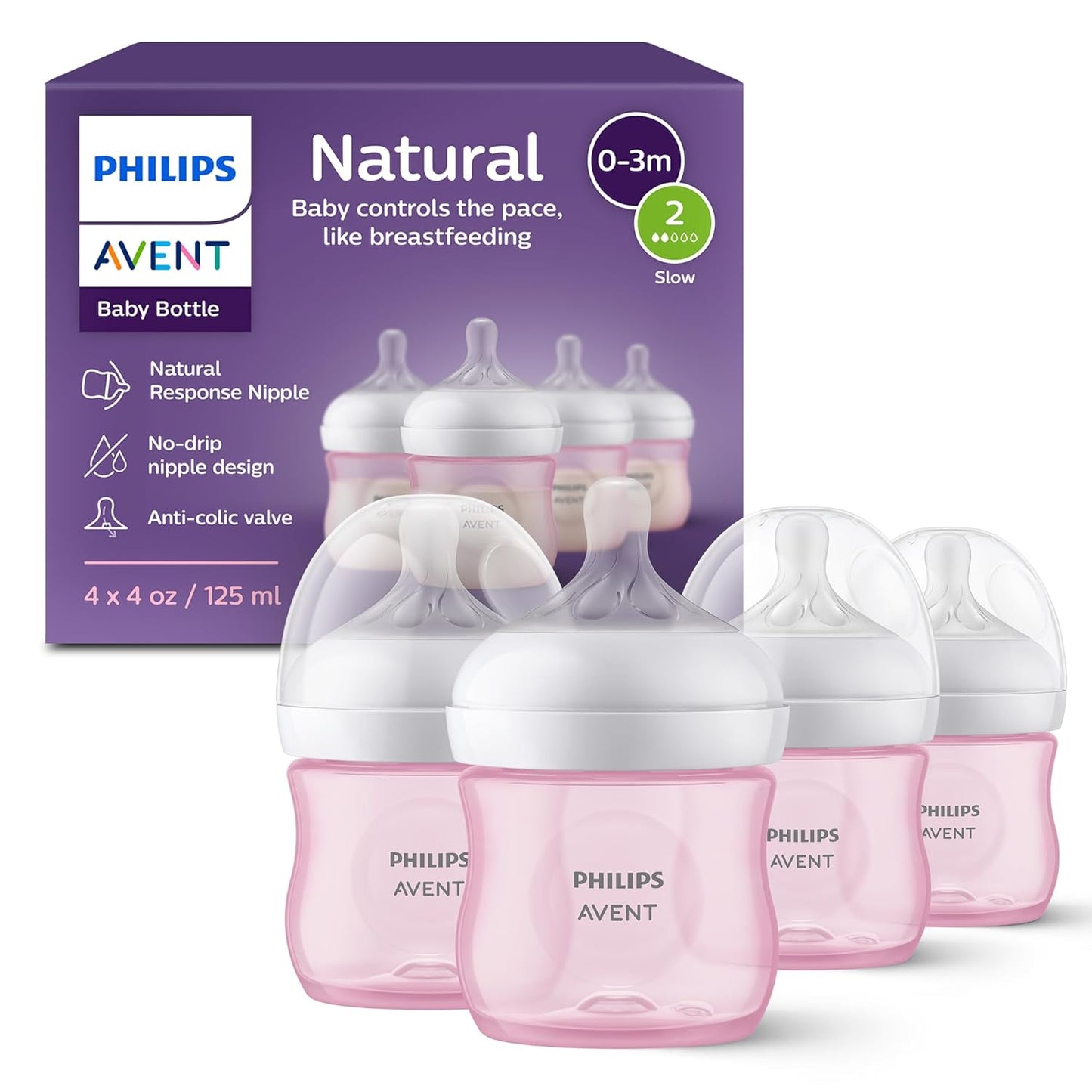 Philips Avent Natural Baby Bottles with Natural Response Nipples (Slow Flow, Flow 2), 4oz, Pink, 4-Pack, SCY900/14