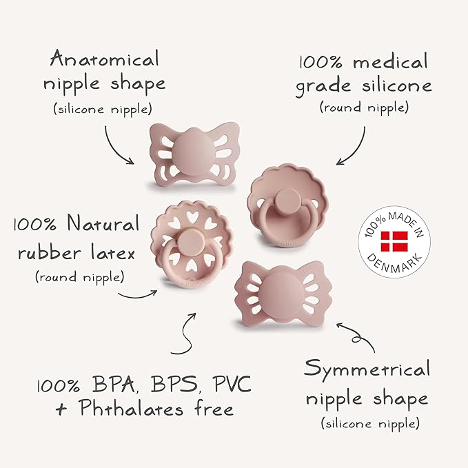 FRIGG Baby's First Pacifier Set | Floral Heart 4-Pack | Made in Denmark | BPA-Free (Blush, 0-6 Months)