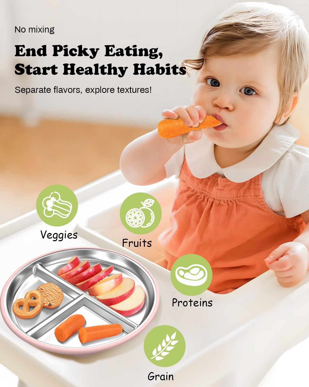 Stainless Steel Baby Plate with Suction, 8” Divided Toddler Plates with Removable Silicone Sleeves for Kids, Non-Toxic Non-Slip Unbreakable Dishwasher Safe Dinnerware Set of 2, Pink & Beige