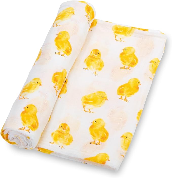 LollyBanks Swaddle Blanket for Boys and Girls, 100% Cotton Muslin Swaddle Blankets for Newborns, Large 47 x 47 Inches Soft and Breathable Receiving Blankets, Baby Essentials, Registry (Chick Print)