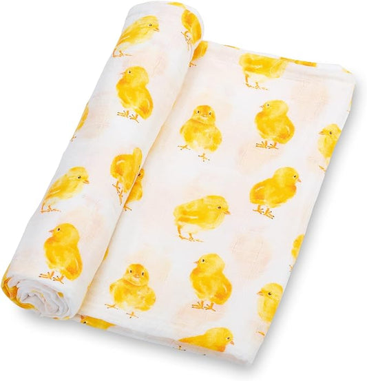 LollyBanks Swaddle Blanket for Boys and Girls, 100% Cotton Muslin Swaddle Blankets for Newborns, Large 47 x 47 Inches Soft and Breathable Receiving Blankets, Baby Essentials, Registry (Chick Print)