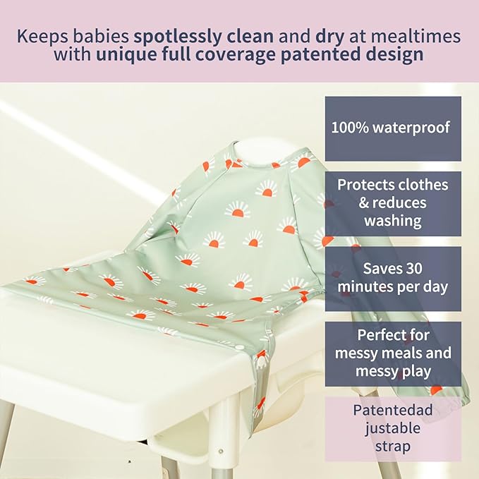 Long Sleeve Baby Bib - Mess-Proof Feeding Bibs for Babies - Adjustable, Waterproof, and Highchair/Table Attachment