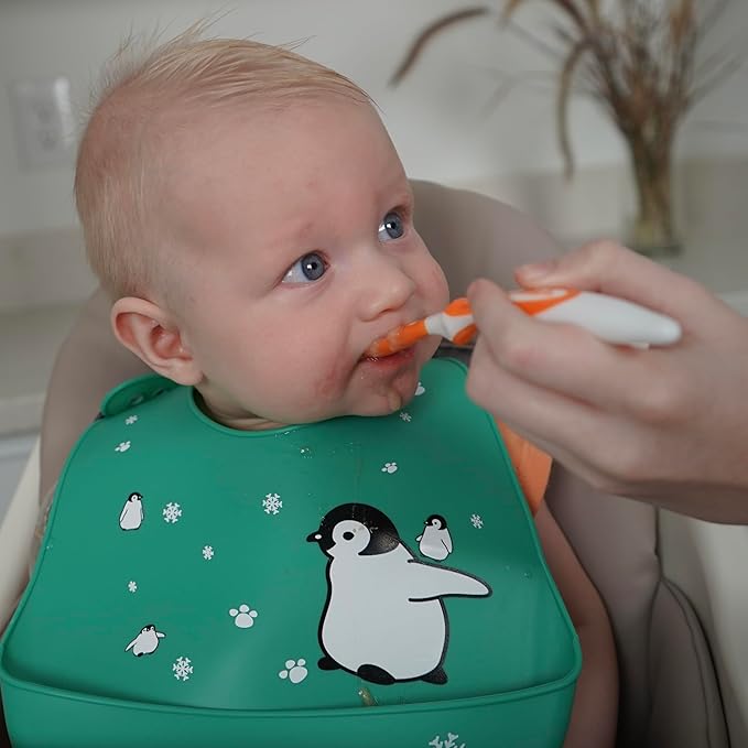Silicone Baby Bibs Unisex, Self-Feeding, Catch-all Large Pocket, 6-48 months, BPA-Phthalate Free, w/Travel Case