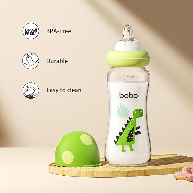 YOHKOH Natural Glass Baby Bottle with Natural Response Nipple, Newborn Anti-Colic Baby Bottles, Wide Neck Mushroom Cap Baby Bottle, Clear (8.8ounce (Pack of 2), Green2)