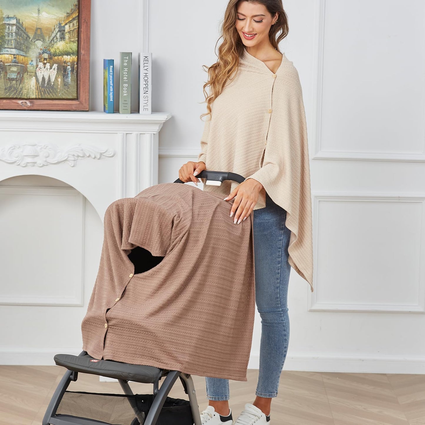 Nursing Cover for Baby Breastfeeding, Organic Cotton Knit Breastfeeding Cover, Warm Cozy Swaddle, Breathable and Soft, Wide Neck with Stretch for Easy View (Chestnut)