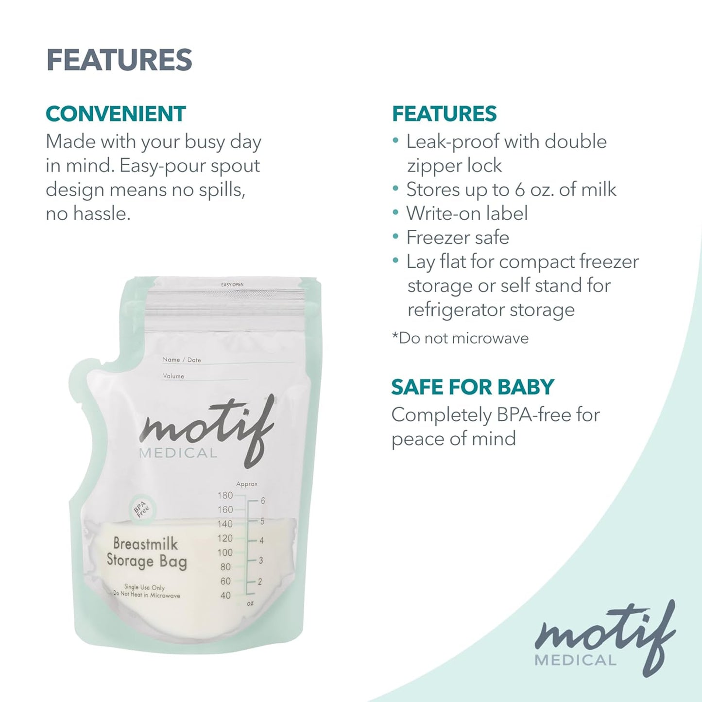 Motif Medical Breastmilk Storage Bags - Breastmilk Freezer Bags w/Easy Pour Spout, Write-On Label - Leak-Proof Double Zipper Milk Bags for Breastmilk - Breastfeeding Mom Gifts (6 oz, 100 Count)