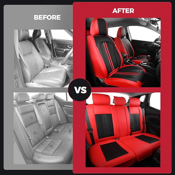 FREESOO Car Seat Covers Full Set, Black Red Waterproof Car Seat Cover, Leather Seat Covers for Trucks, Luxury Car Seat Covers Front Seats and Auto Back, Breathable Car Seat Cushion for Most SUV Cars