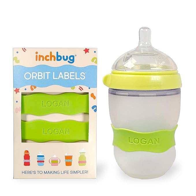 InchBug Orbit Labels Baby Bottle and Water Bottle Silicone Name Bands – Personalized Reusable Label Set for Daycare, Sippy Cups, Preschool, Elementary School, Dishwasher Safe, 4-Pack (Kiwi Green)