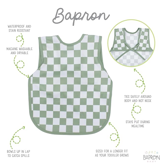 BapronBaby Sage Checkerboard Bapron - No Neck Tie Safer Bib for Baby & Toddler - Soft Waterproof Stain Resistant - Machine Washable - Sz Preschool 3-5yrs